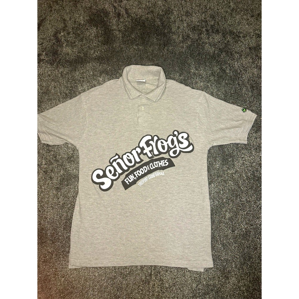 Senor Frogs Freeport Grand Bahama Polo Shirt Mens L Gray Graphic Drinking